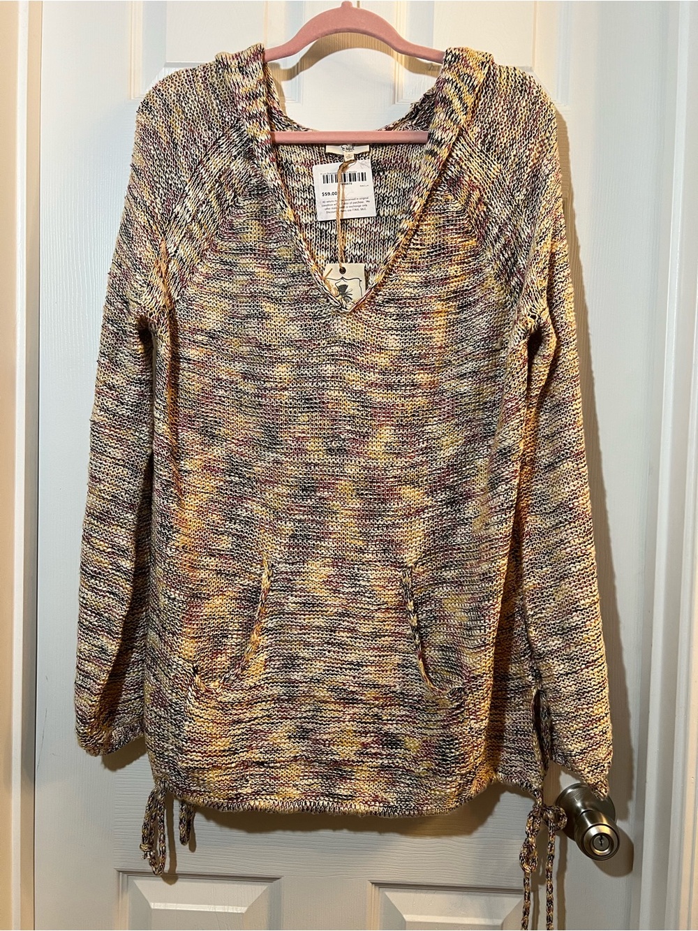 🦋 NWT easel Multicolor Marled V-Neck Hoodie Sweater in Yellow, Purple & Cream M